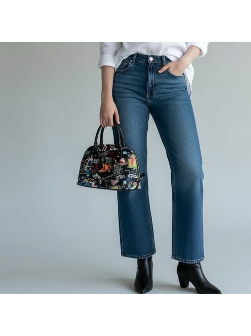 Galian Magazine Cover Collage Dome Satchel Bag Sz M Black Multi Faux Leather